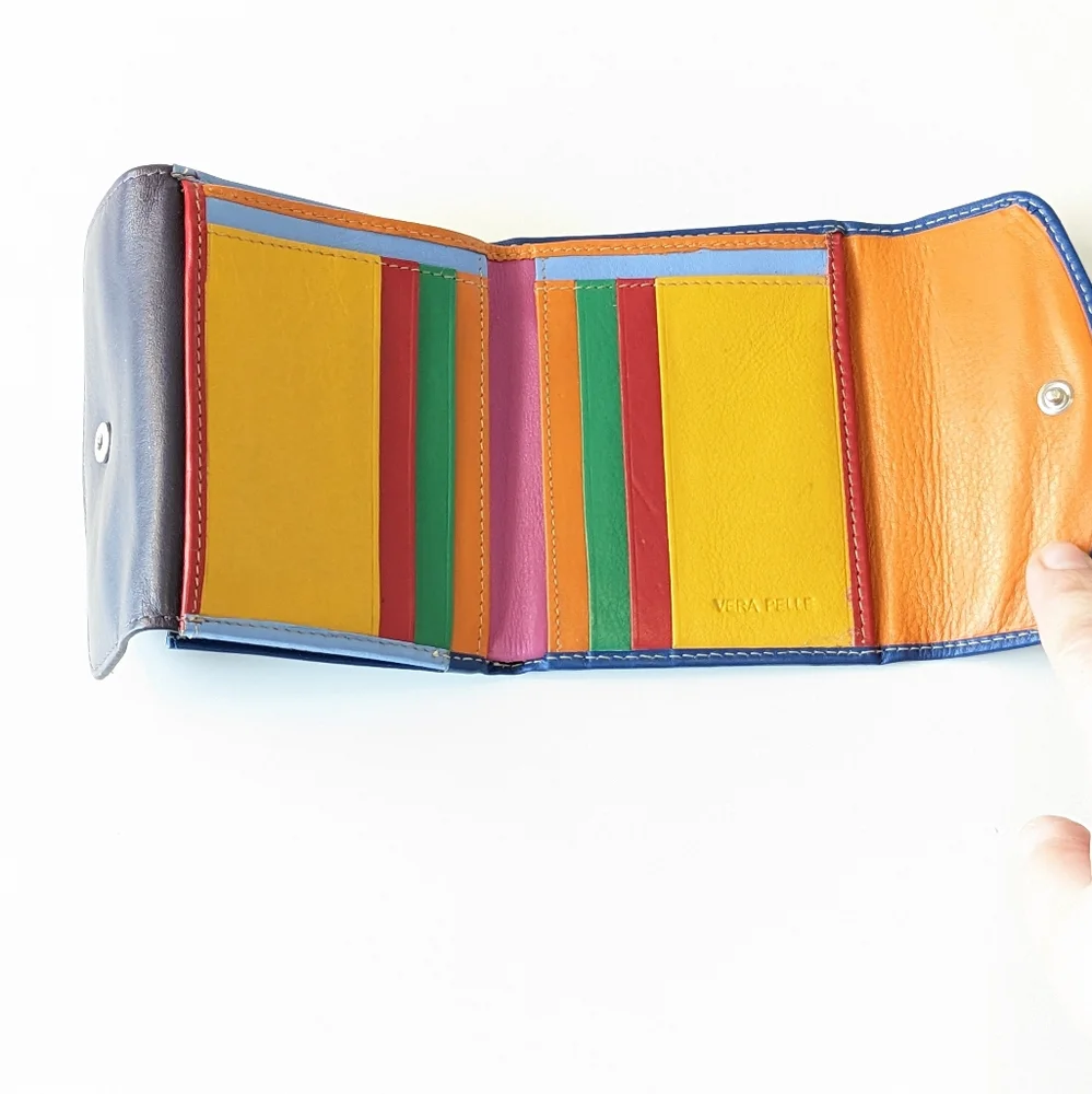 Multicolor Leather Card Holder Wallet - Blue Exterior